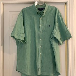 Ralph Lauren Blake green checked shirt with purple logo on front. Short sleeve